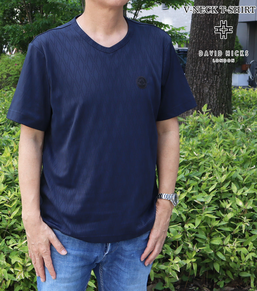 ダイヤ柄ジャガードVネックTシャツ ネイビー【デービッドヒックス】