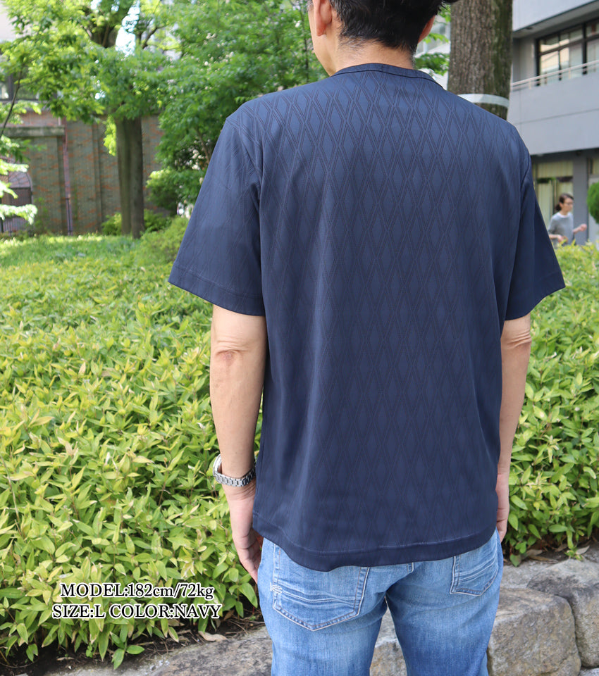ダイヤ柄ジャガードVネックTシャツ ネイビー【デービッドヒックス】