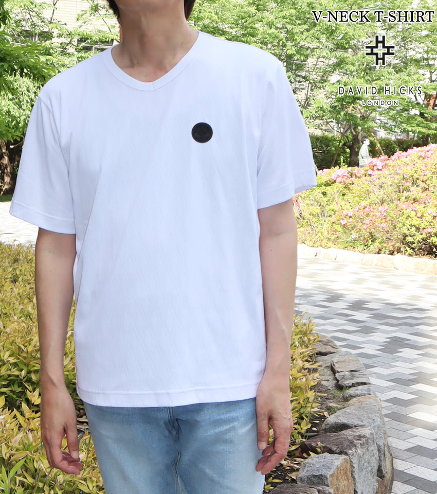 【デービッドヒックス】ダイヤ柄ジャガードVネックTシャツ ホワイト