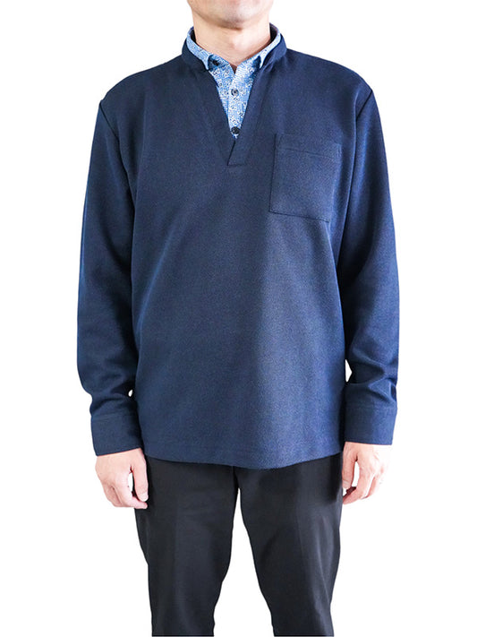 【デービッドヒックス】布帛衿 カノコレイヤードポロシャツ ネイビー