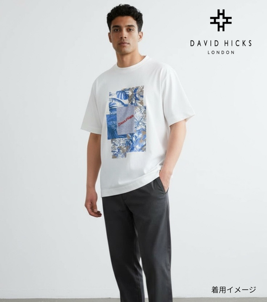 【デービッドヒックス】リーフプリント　ロゴ刺繍Tシャツ　ホワイト
